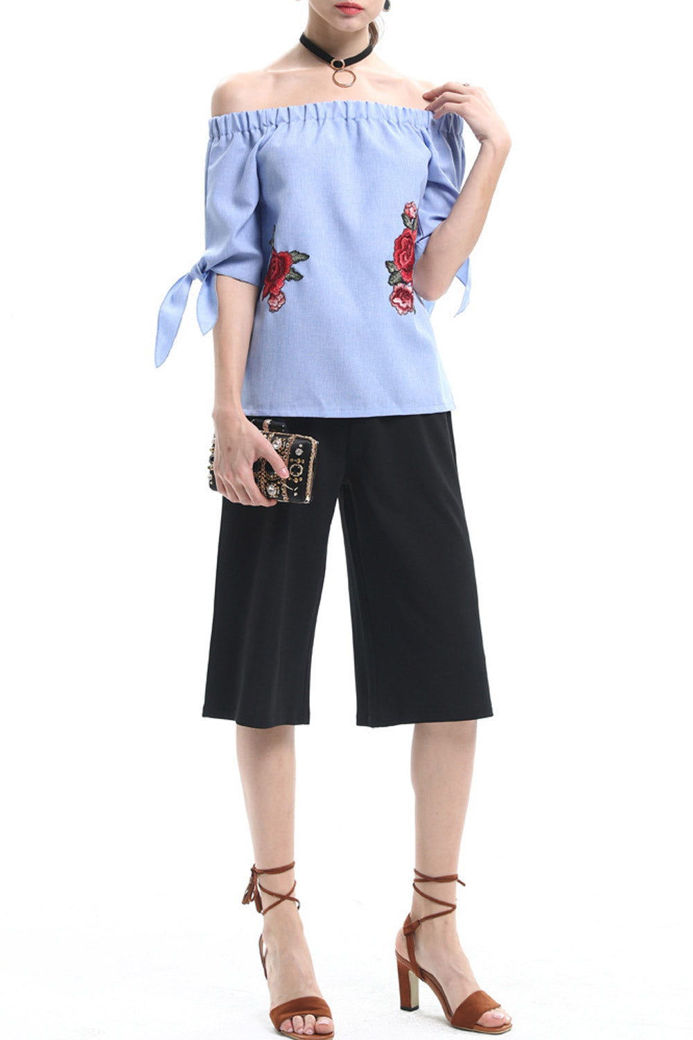 Women Elasticated Off Shoulder Embroidered Top