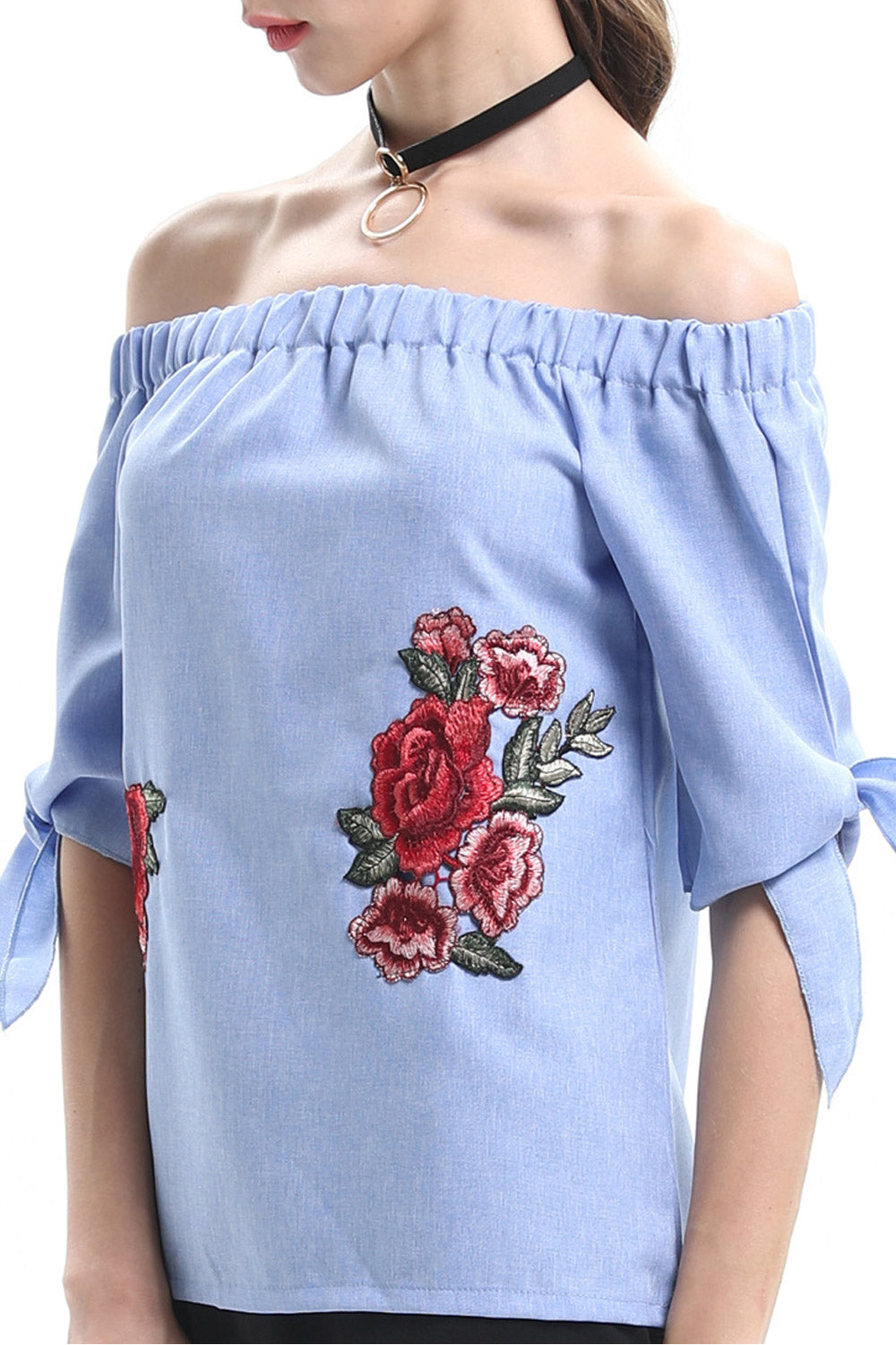 Women Elasticated Off Shoulder Embroidered Top