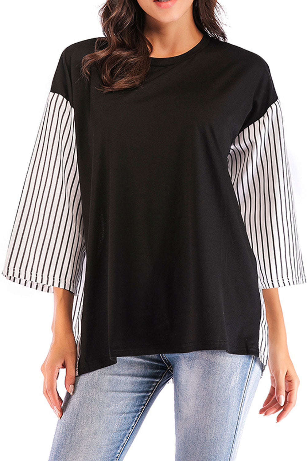 Women Loose Striped Sleeve Casual Top
