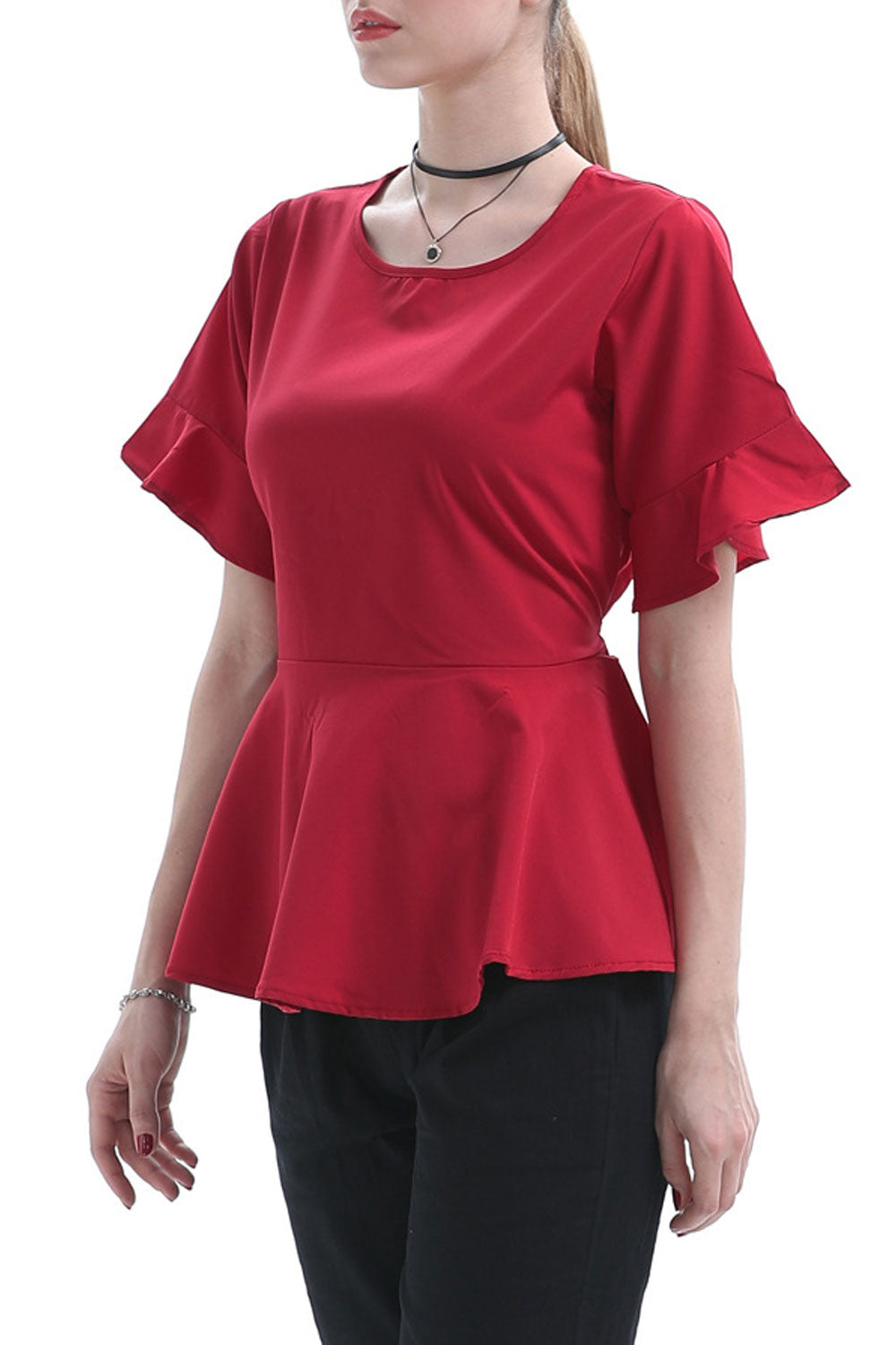 Women Slim Round Neck Ruffled Top