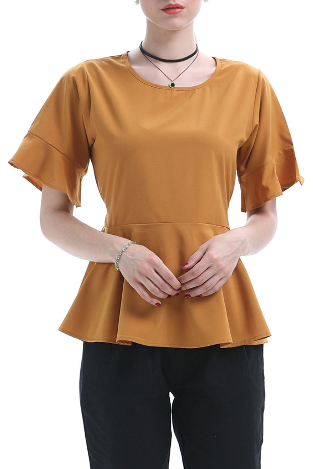 Women Slim Round Neck Ruffled Top