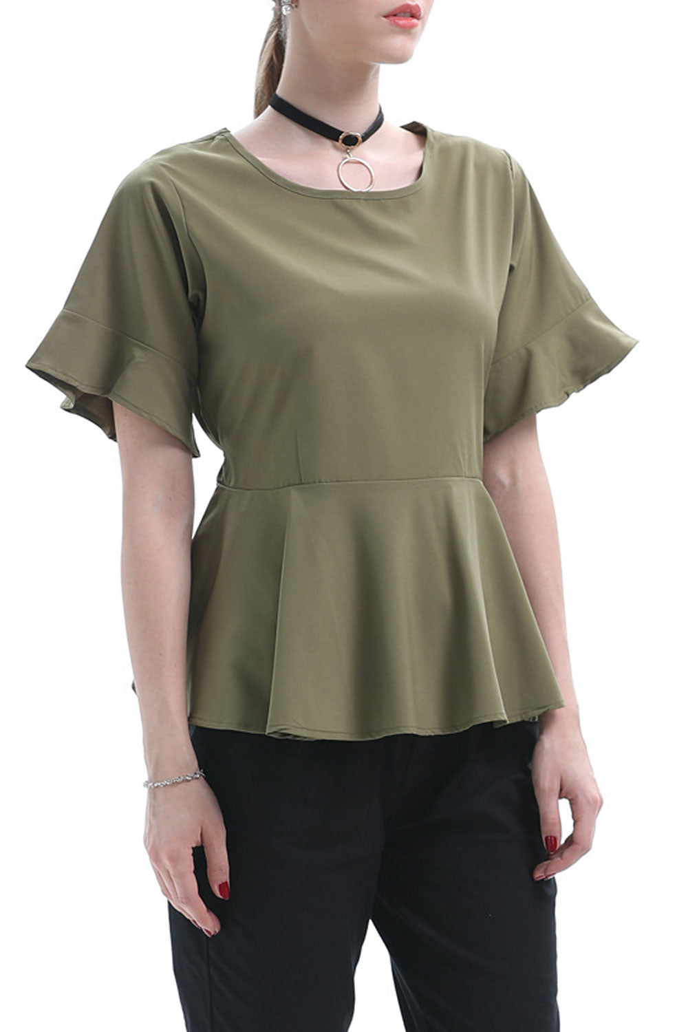 Women Slim Round Neck Ruffled Top