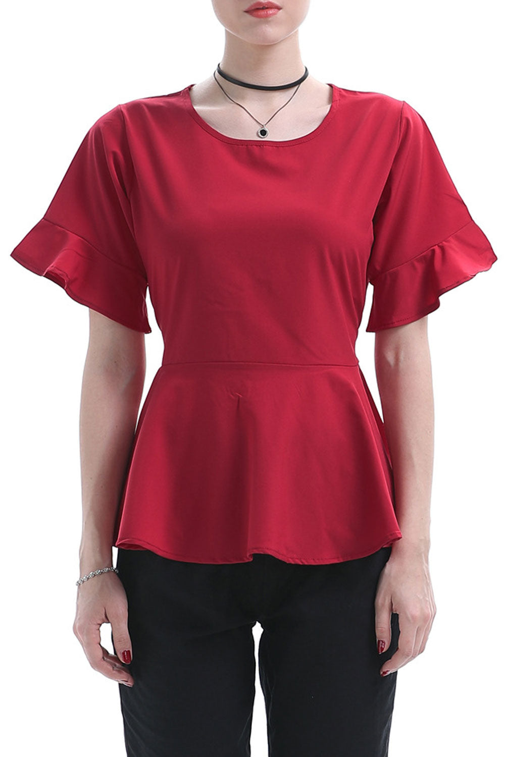Women Slim Round Neck Ruffled Top