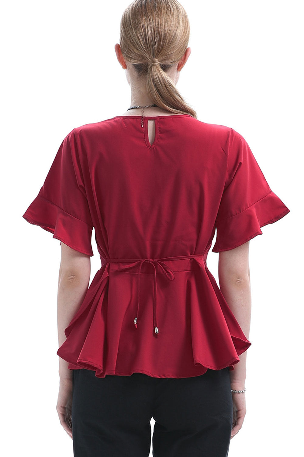 Women Slim Round Neck Ruffled Top