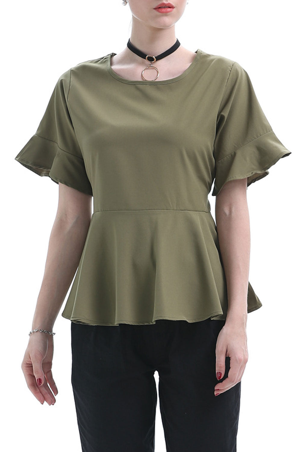 Women Slim Round Neck Ruffled Top