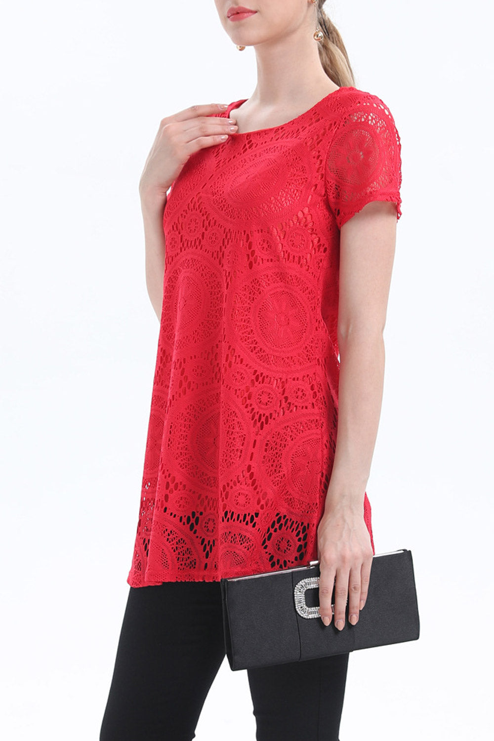Women Short Sleeve Lace Decorated Pretty Top
