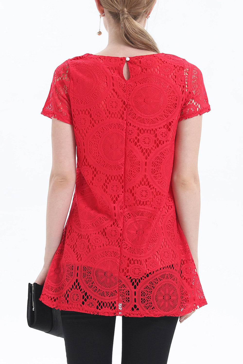 Women Short Sleeve Lace Decorated Pretty Top