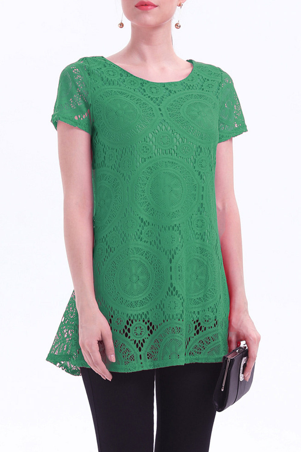 Women Short Sleeve Lace Decorated Pretty Top