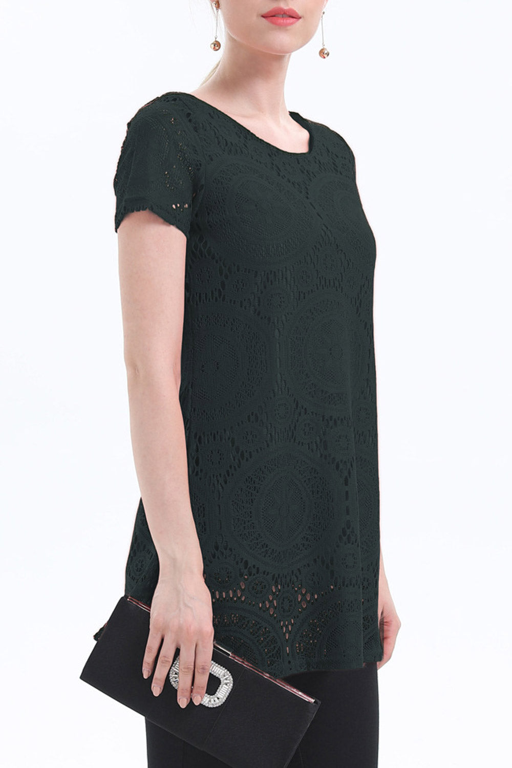 Women Short Sleeve Lace Decorated Pretty Top