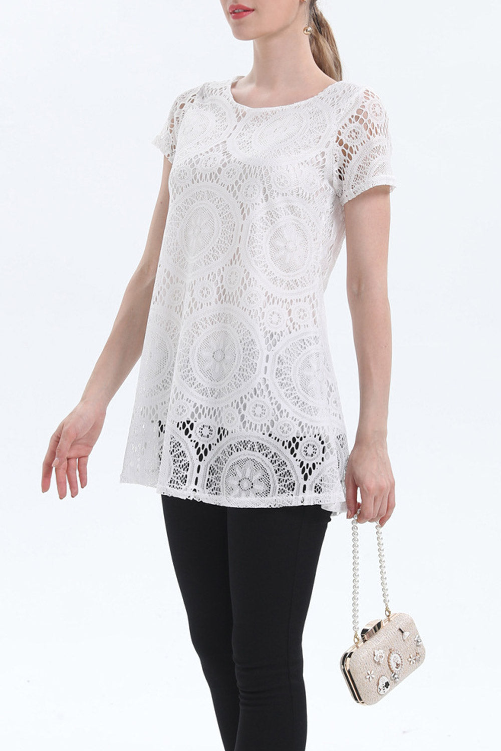 Women Short Sleeve Lace Decorated Pretty Top