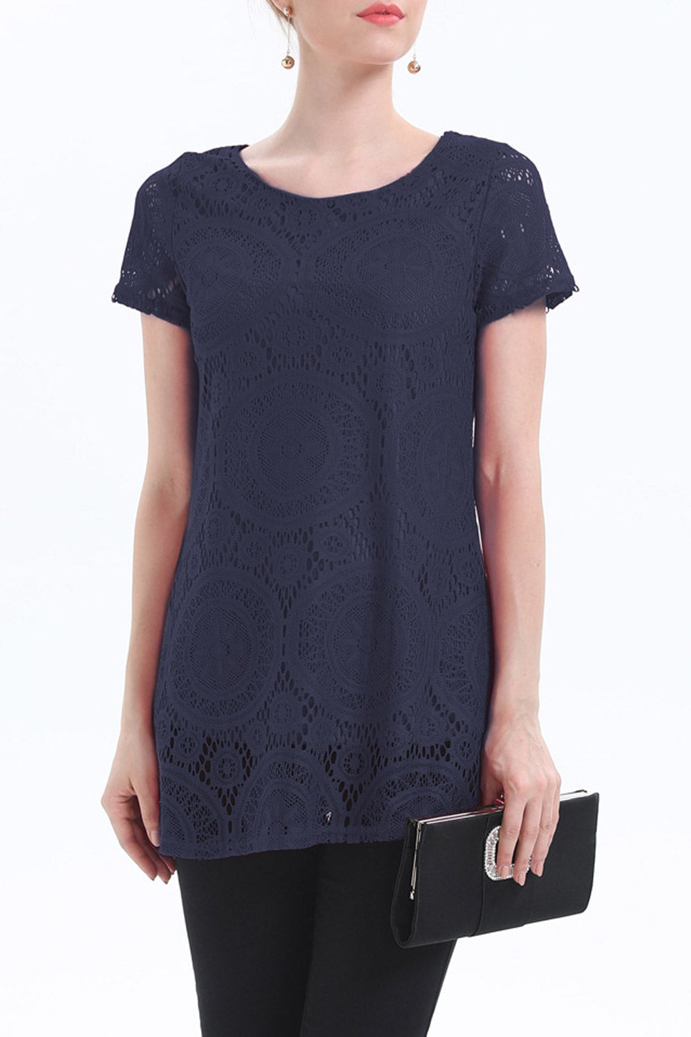 Women Short Sleeve Lace Decorated Pretty Top