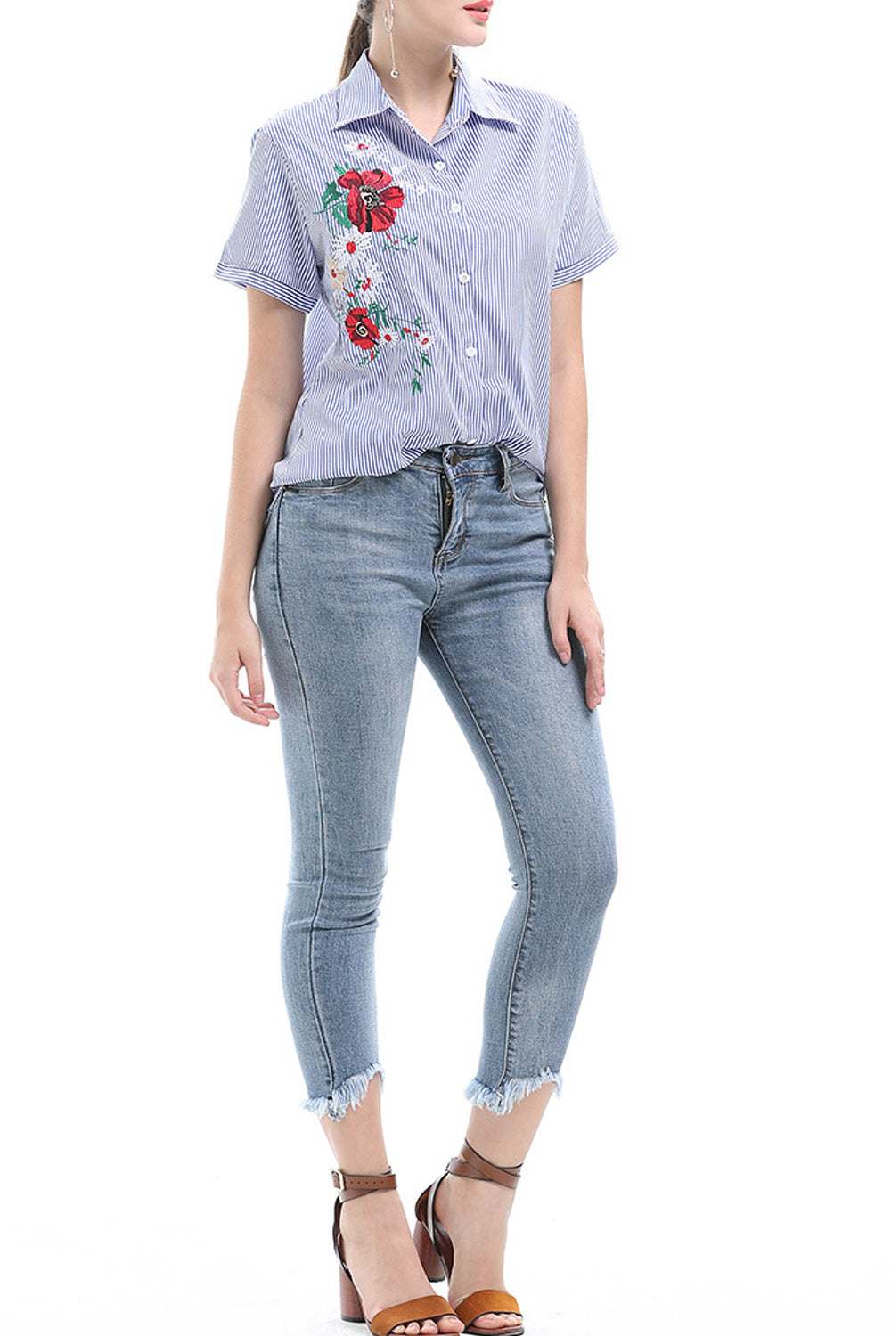 Women Embroidred Button Down Shirt