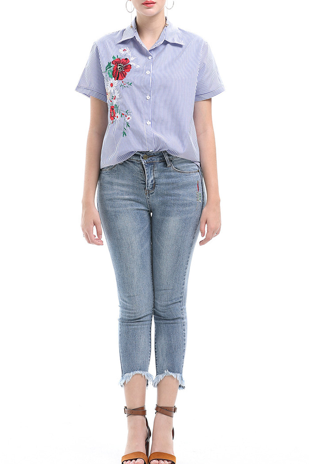 Women Embroidred Button Down Shirt