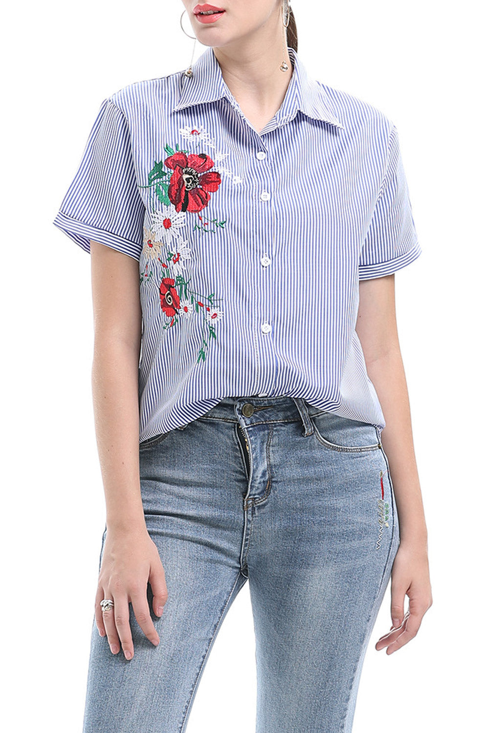 Women Embroidred Button Down Shirt
