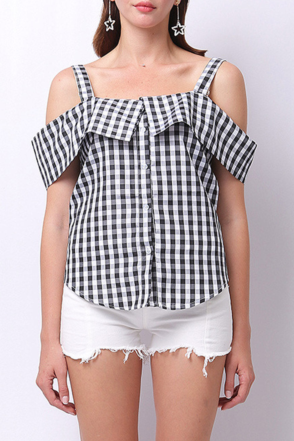 Women Plaid Cold Shoulder StylishTop