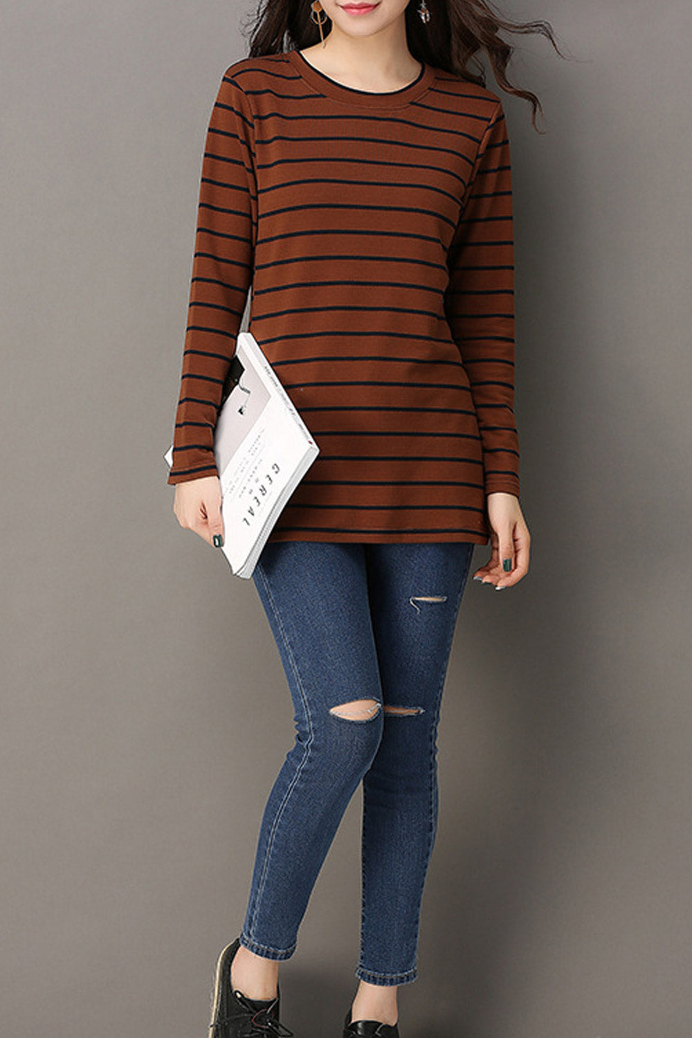 Women High Neck Striped Casual Top