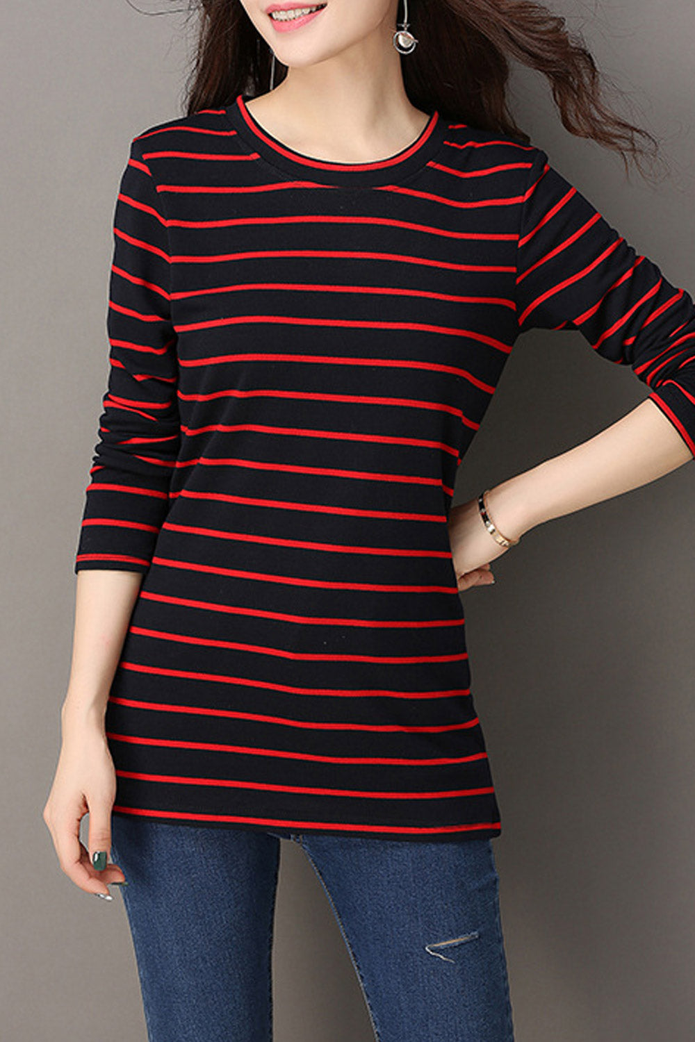 Women High Neck Striped Casual Top