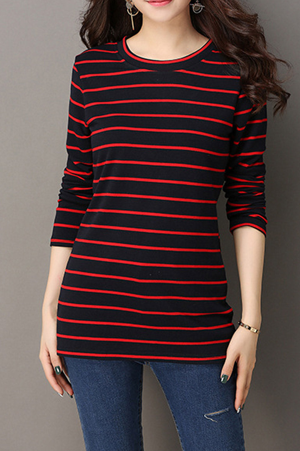 Women High Neck Striped Casual Top
