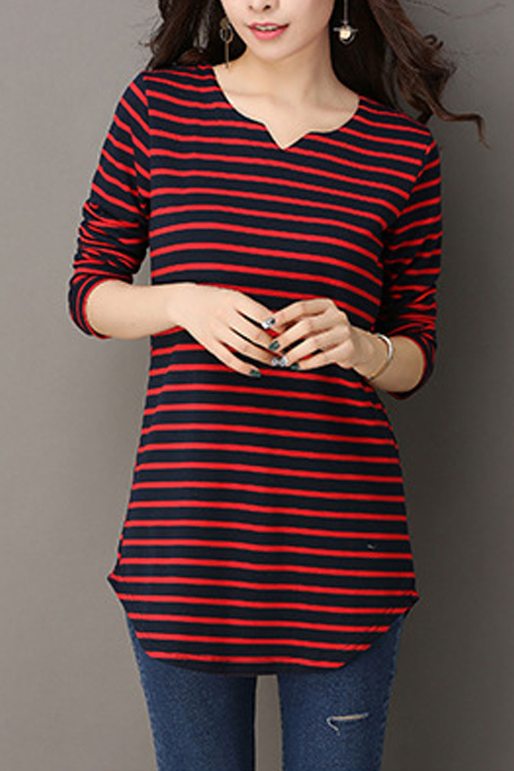 Women Striped Notch Neck Casual Top