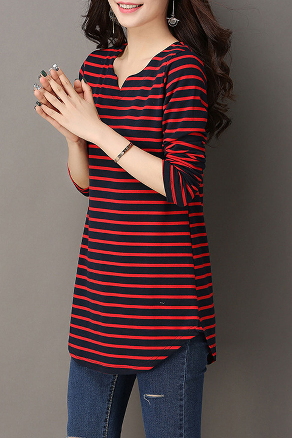 Women Striped Notch Neck Casual Top