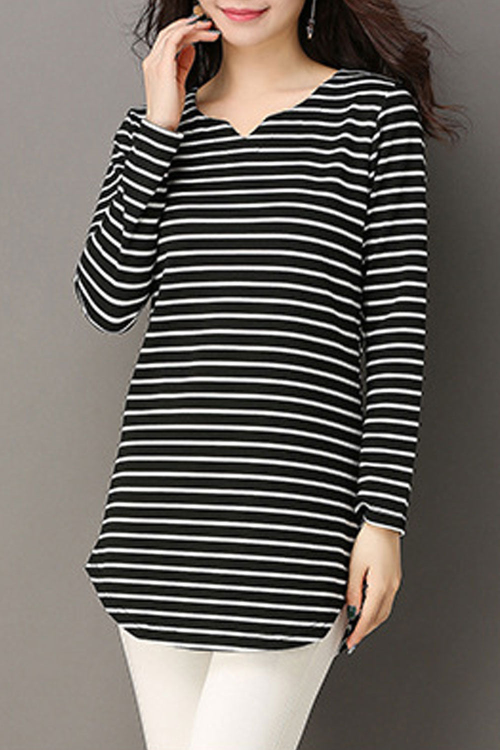 Women Striped Notch Neck Casual Top