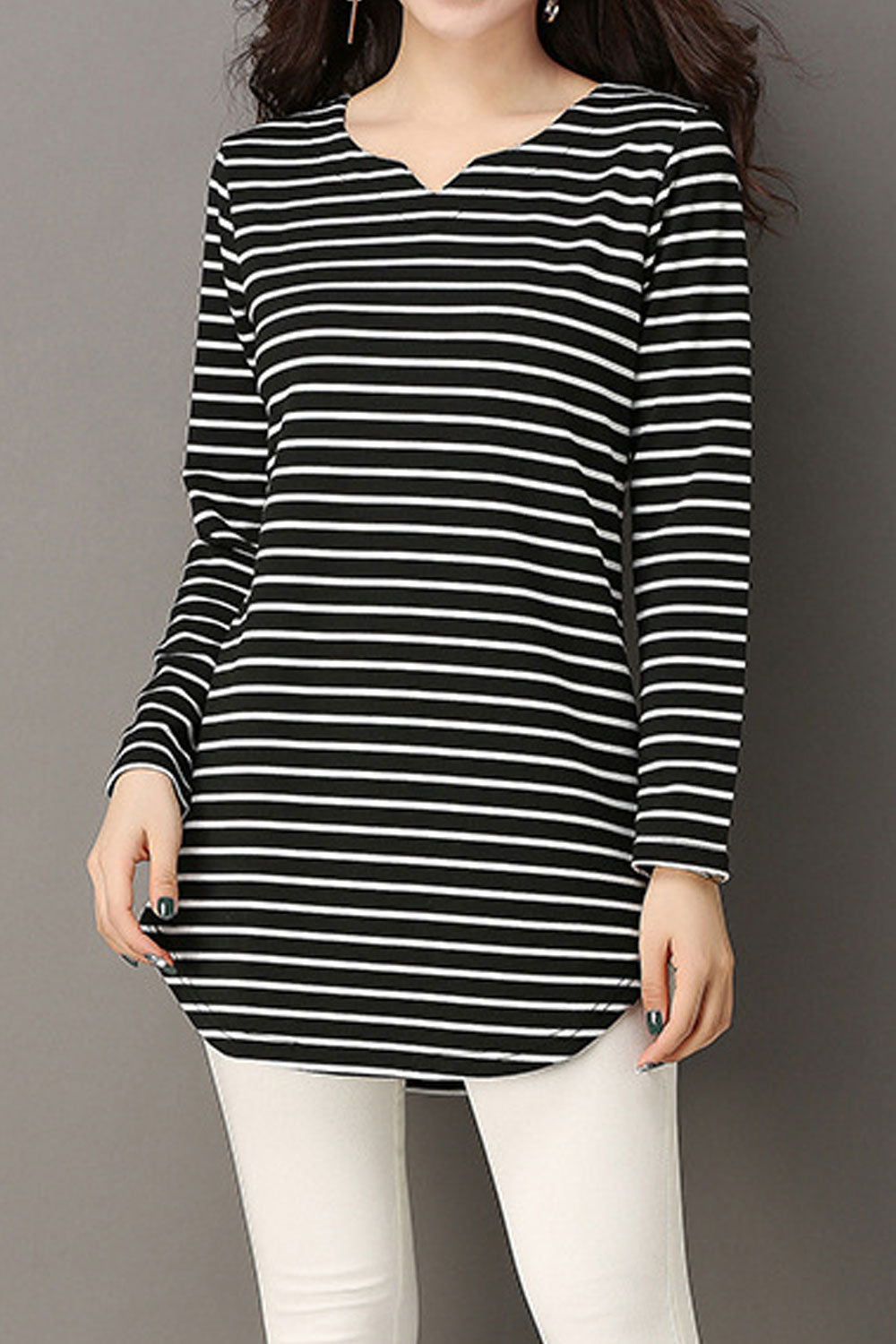 Women Striped Notch Neck Casual Top