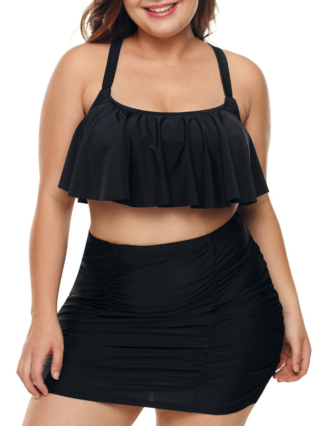 Women Comfortable Ruffled Solid Colored Swimwear Set