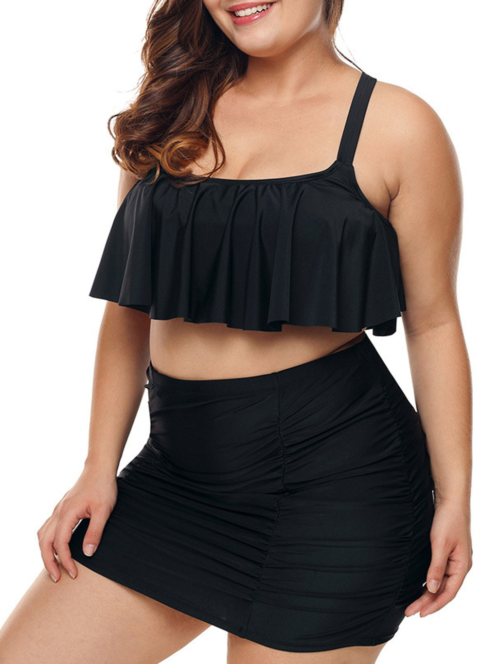Women Comfortable Ruffled Solid Colored Swimwear Set