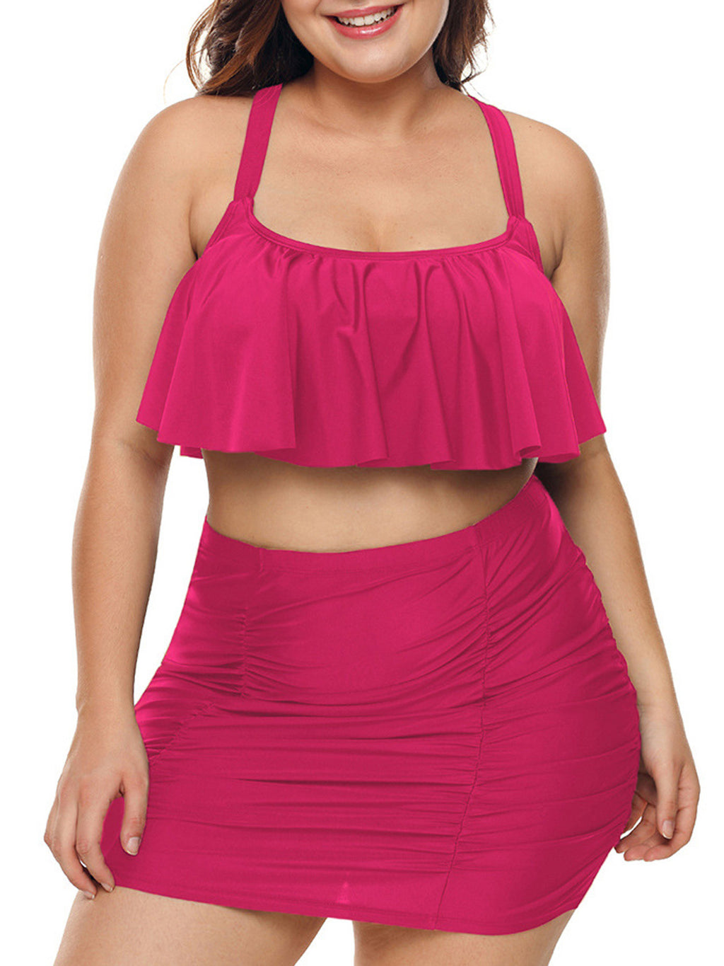 Women Comfortable Ruffled Solid Colored Swimwear Set