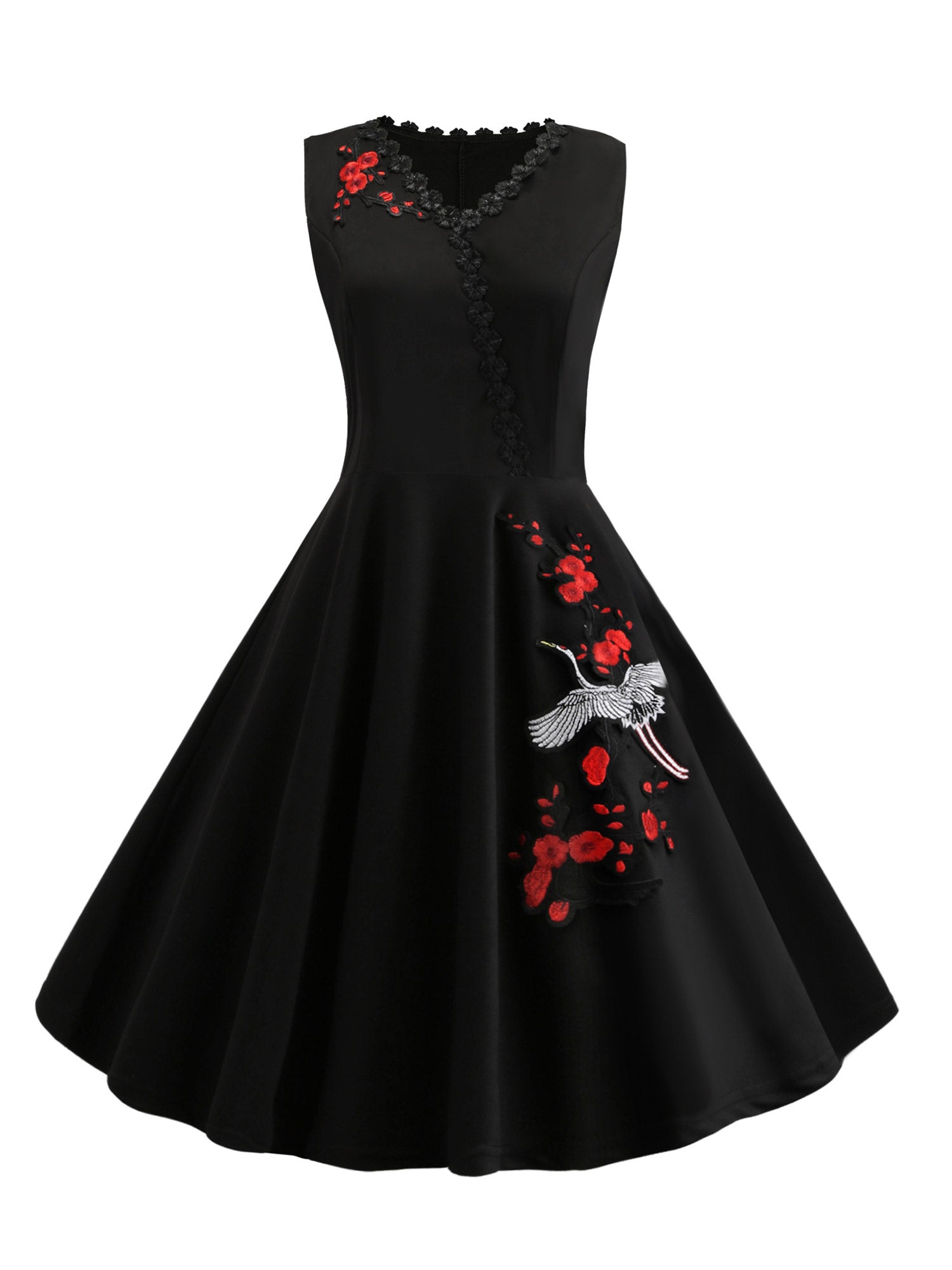 Women Sleeveless V-Neck Design Embroidered Dress