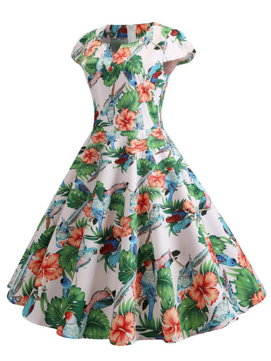 Women Zipper Back Floral Printed Swing Dress