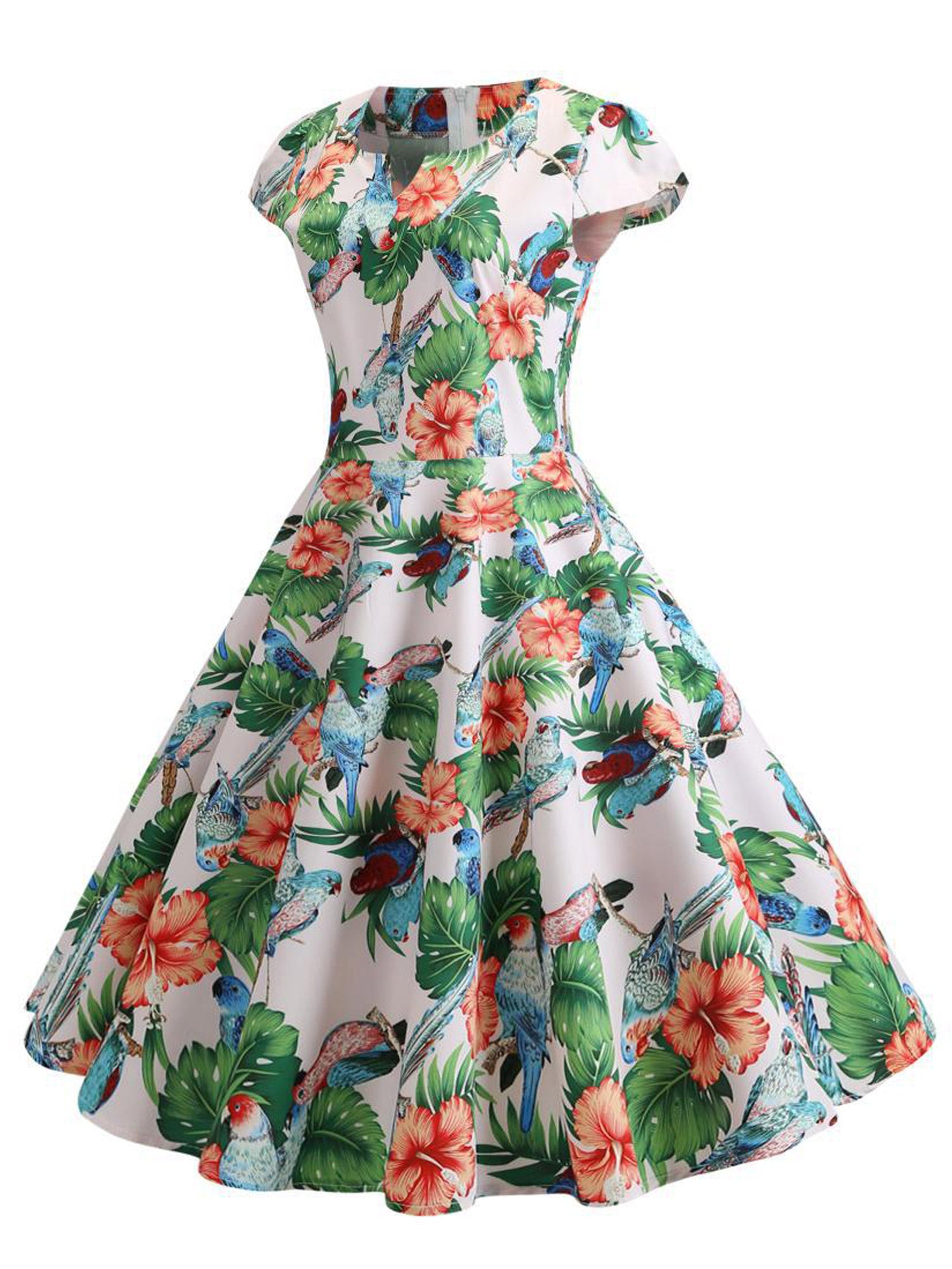 Women Zipper Back Floral Printed Swing Dress