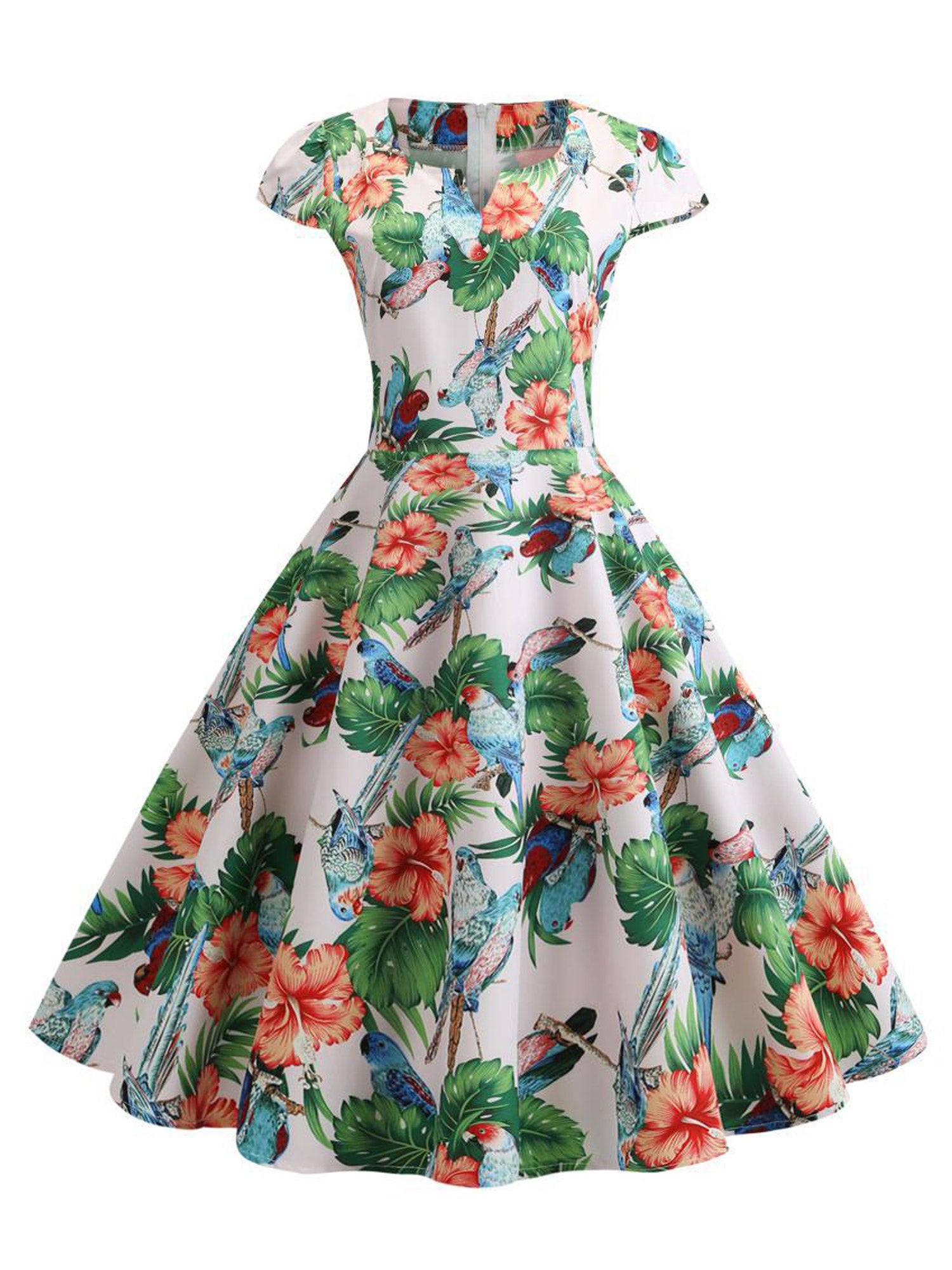Women Zipper Back Floral Printed Swing Dress