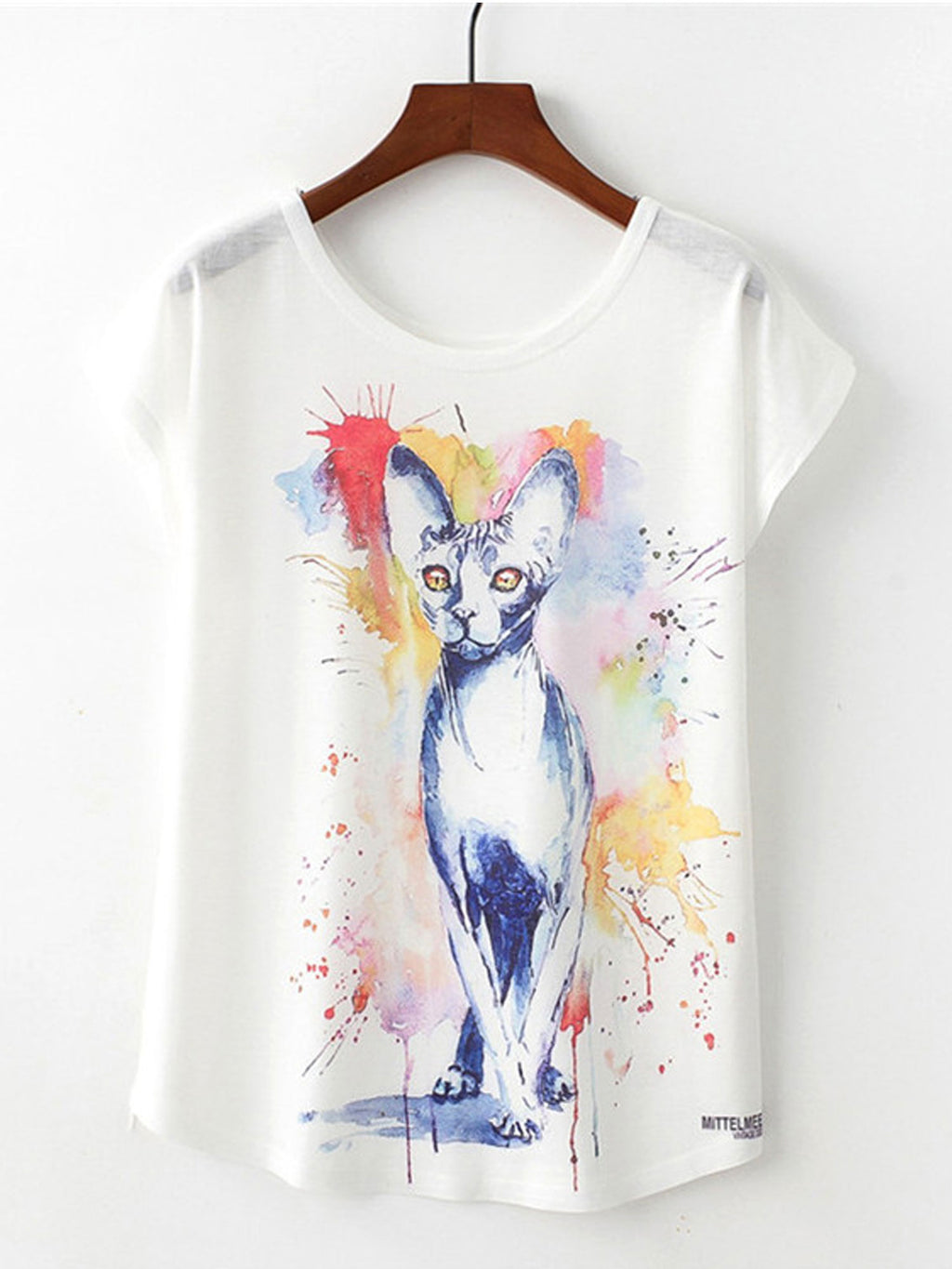Women Loose Cute Cat Print Short Sleeve T-Shirt