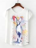 Women Loose Cute Cat Print Short Sleeve T-Shirt