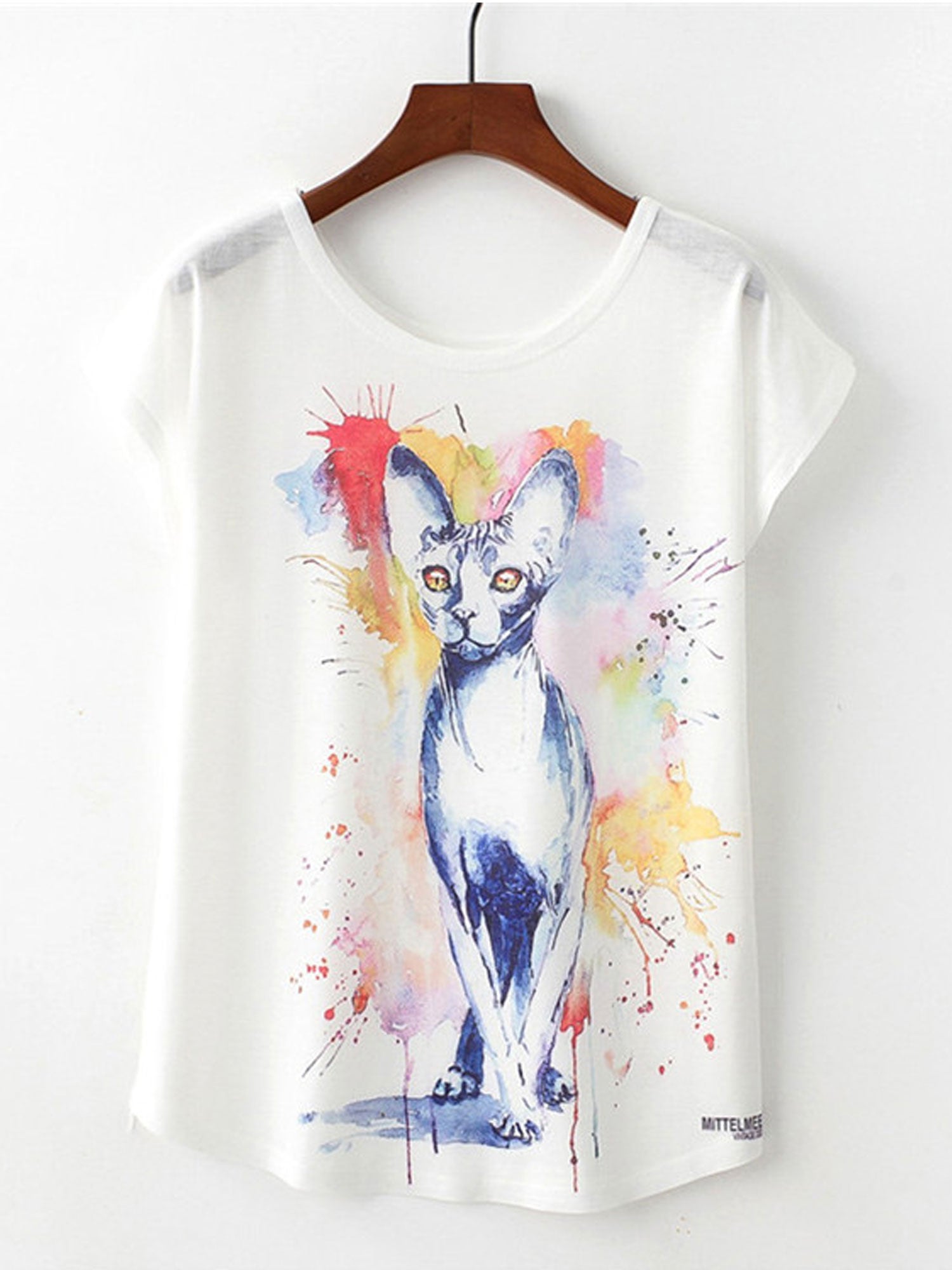 Women Loose Cute Cat Print Short Sleeve T-Shirt