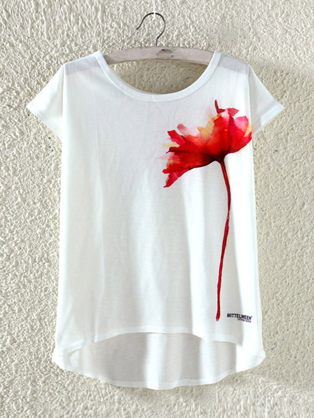 Women Red Flower Round Neck Irregular Top