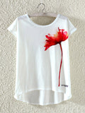 Women Red Flower Round Neck Irregular Top