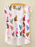 Women Fashion Colorful Cats Irregular T-Shirt