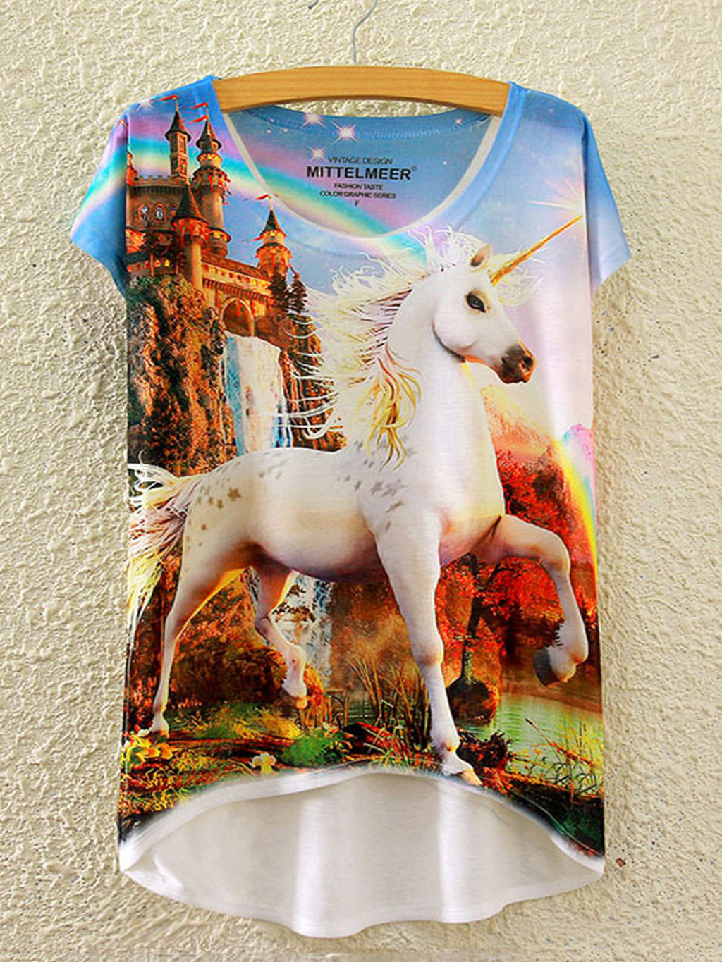 Women Unicorn Pattern Loose Irregular Casual T-Shirt