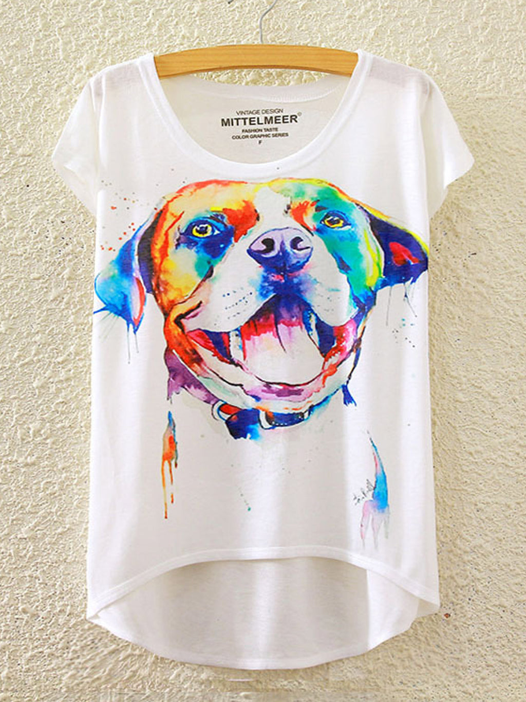 Women Colorfull Dog Round Neck Irregular T-Shirt