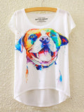 Women Colorfull Dog Round Neck Irregular T-Shirt