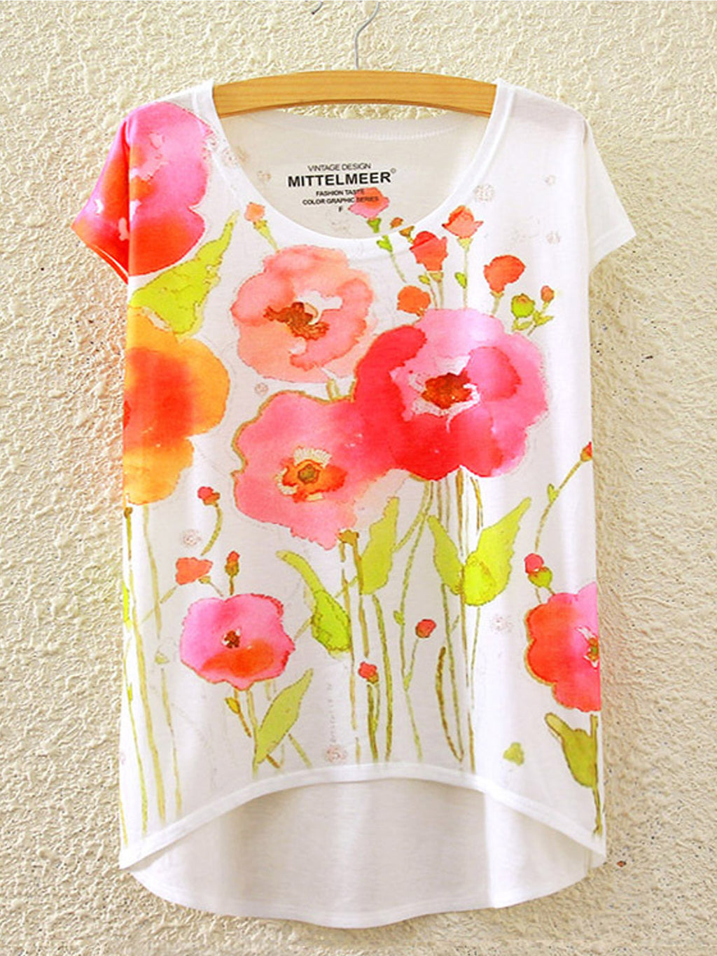 Women Flower Printed High Low Hem Summer T-Shirt