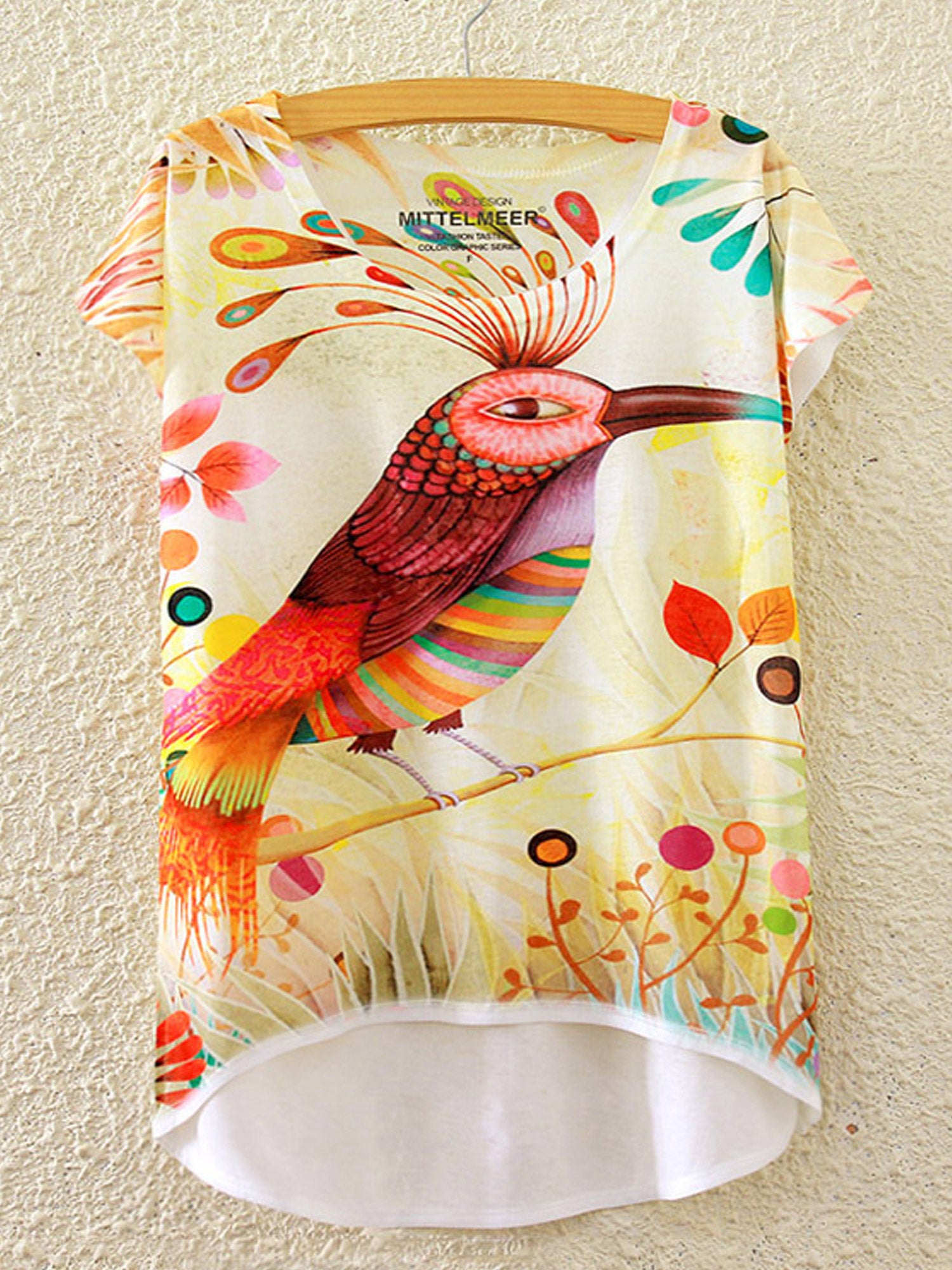 Women Bird Printed Loose Colorfull Summer T-Shirt