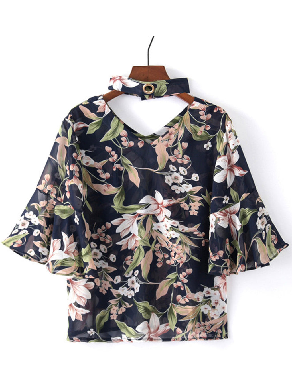 Women Lily Printed Bell Sleeve Elegant Chiffon Top