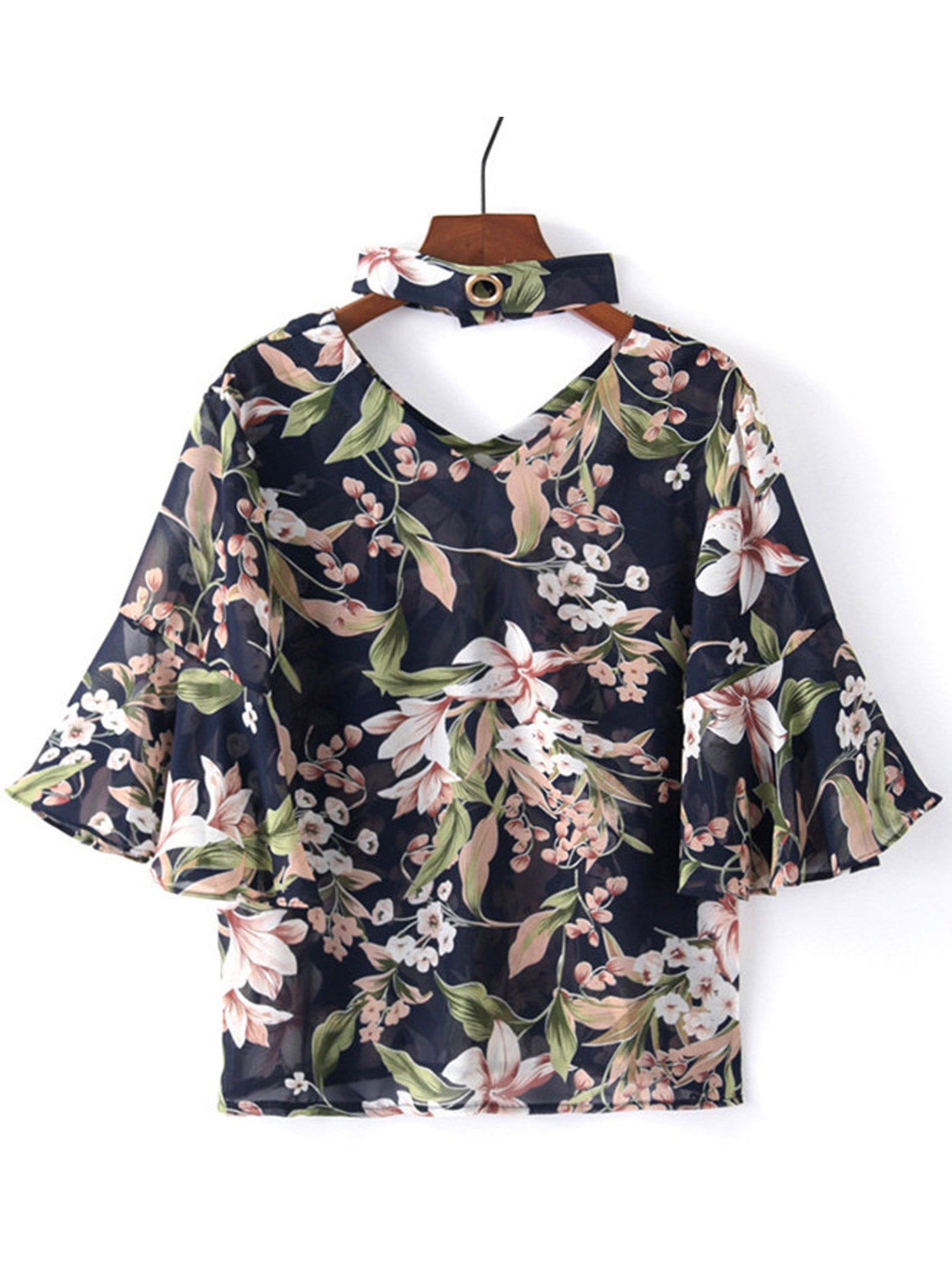 Women Lily Printed Bell Sleeve Elegant Chiffon Top