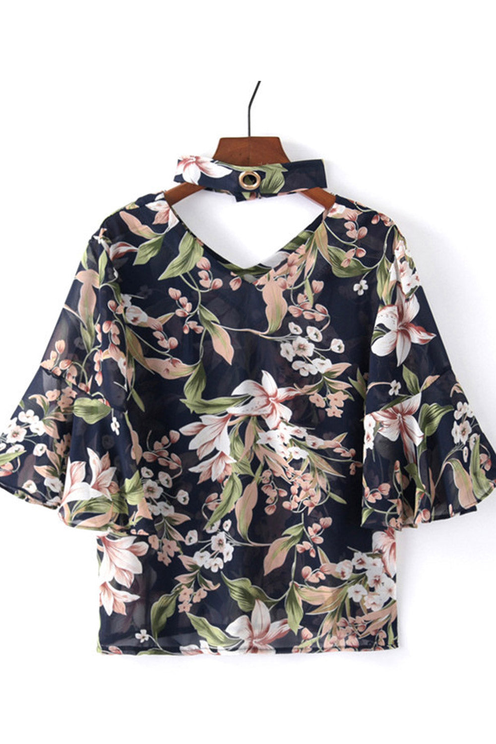Women Lily Printed Bell Sleeve Elegant Chiffon Top
