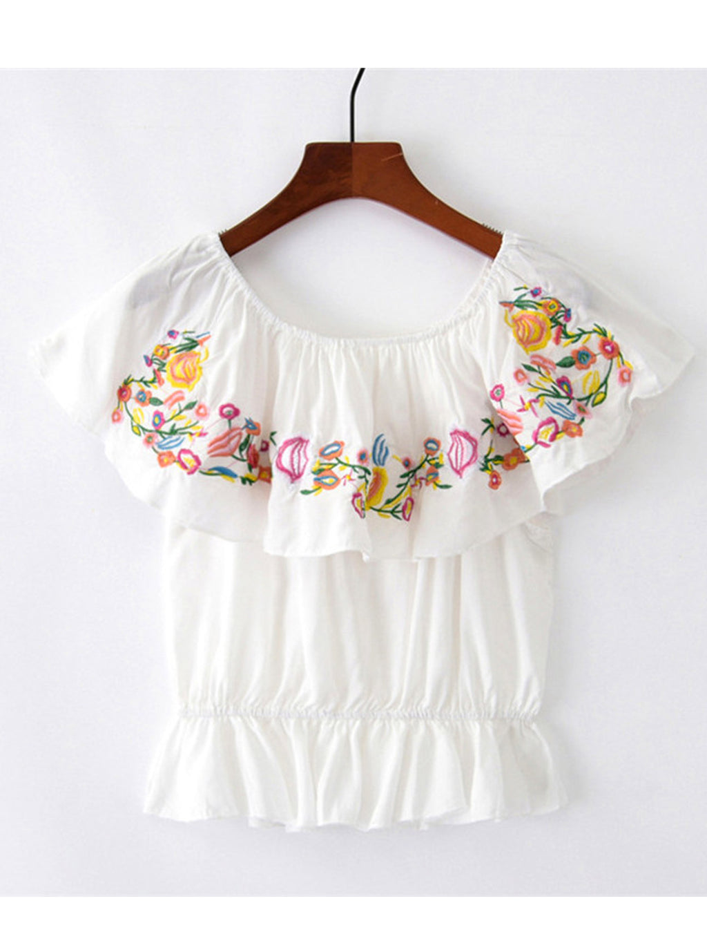 Women Embroidered Flower Ruffled Hem Top