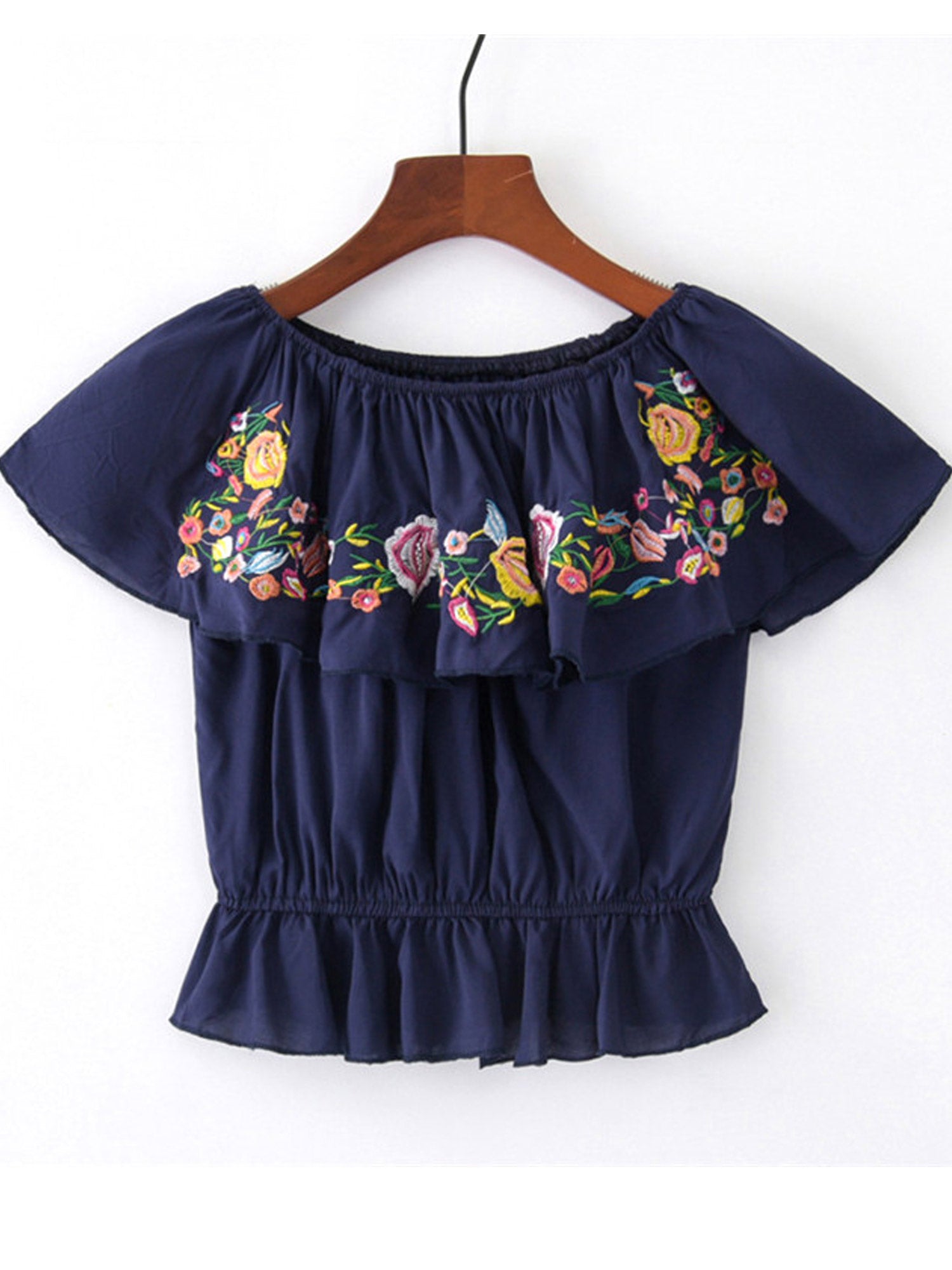 Women Embroidered Flower Ruffled Hem Top