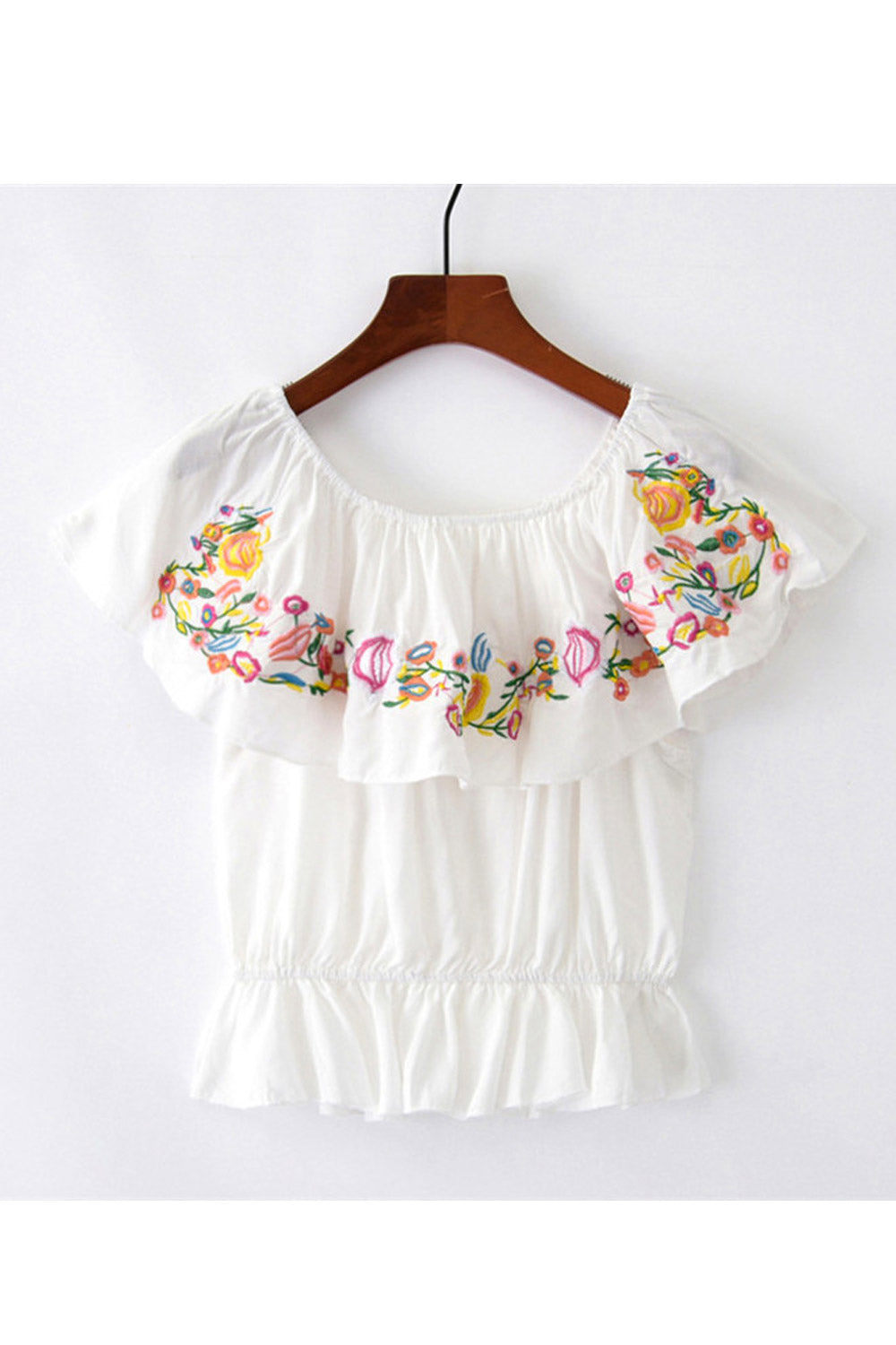 Women Embroidered Flower Ruffled Hem Top